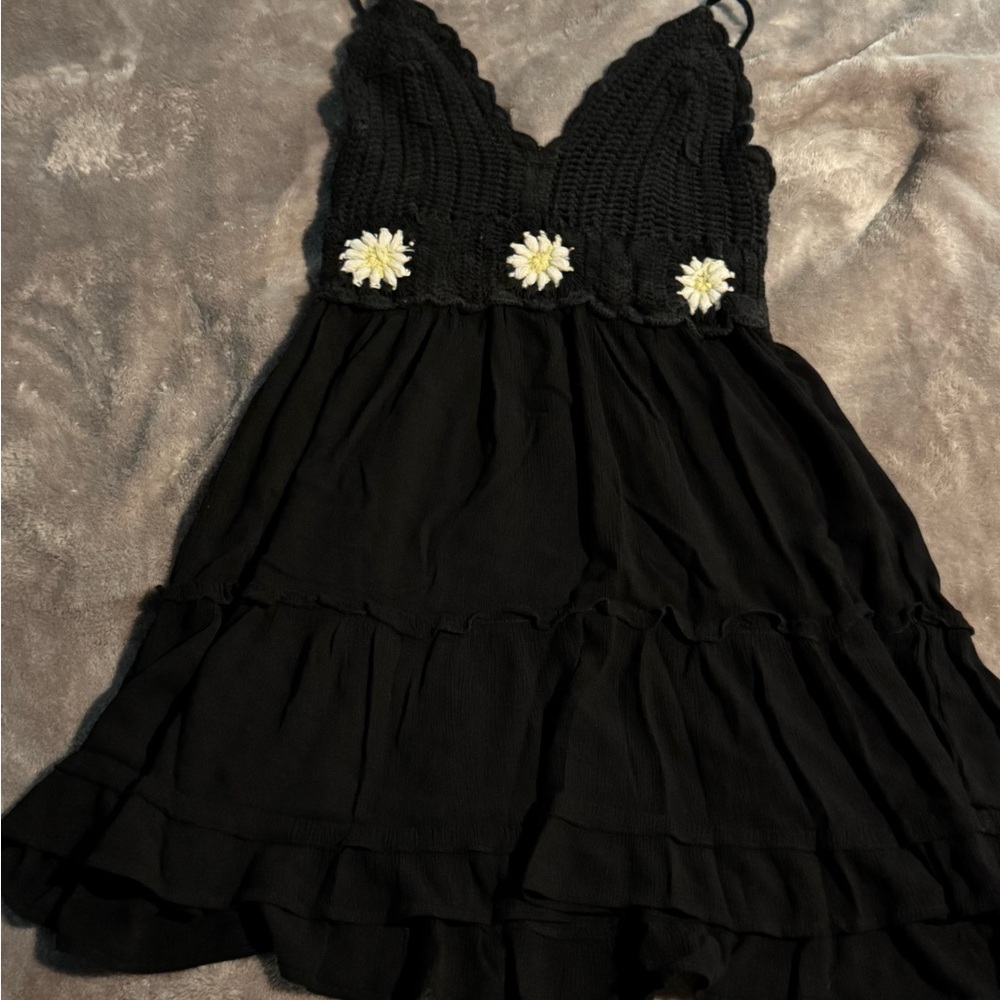 Black Crochet Dress with Daisy Accents